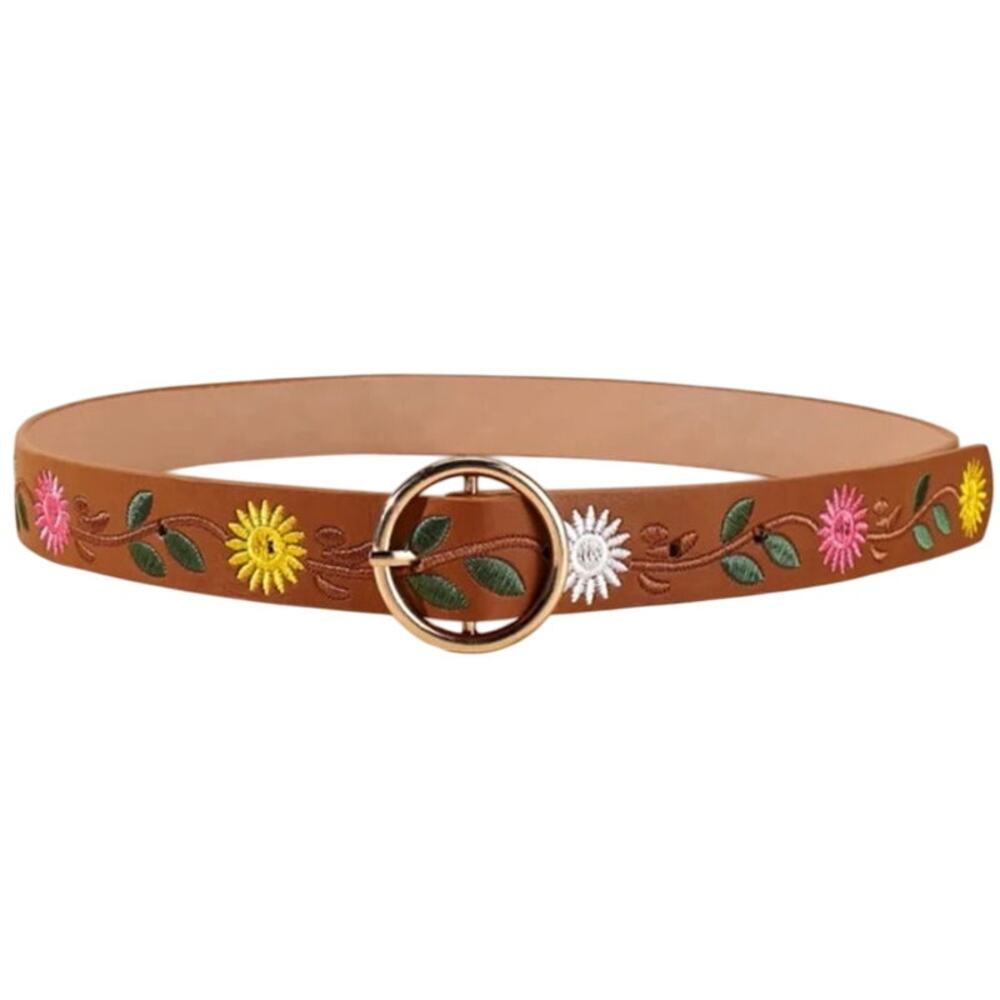 Belt Camel Tan Floral Embroidery Flowers Vegan Leather 31"-37" Total 41" - Picture 8 of 8